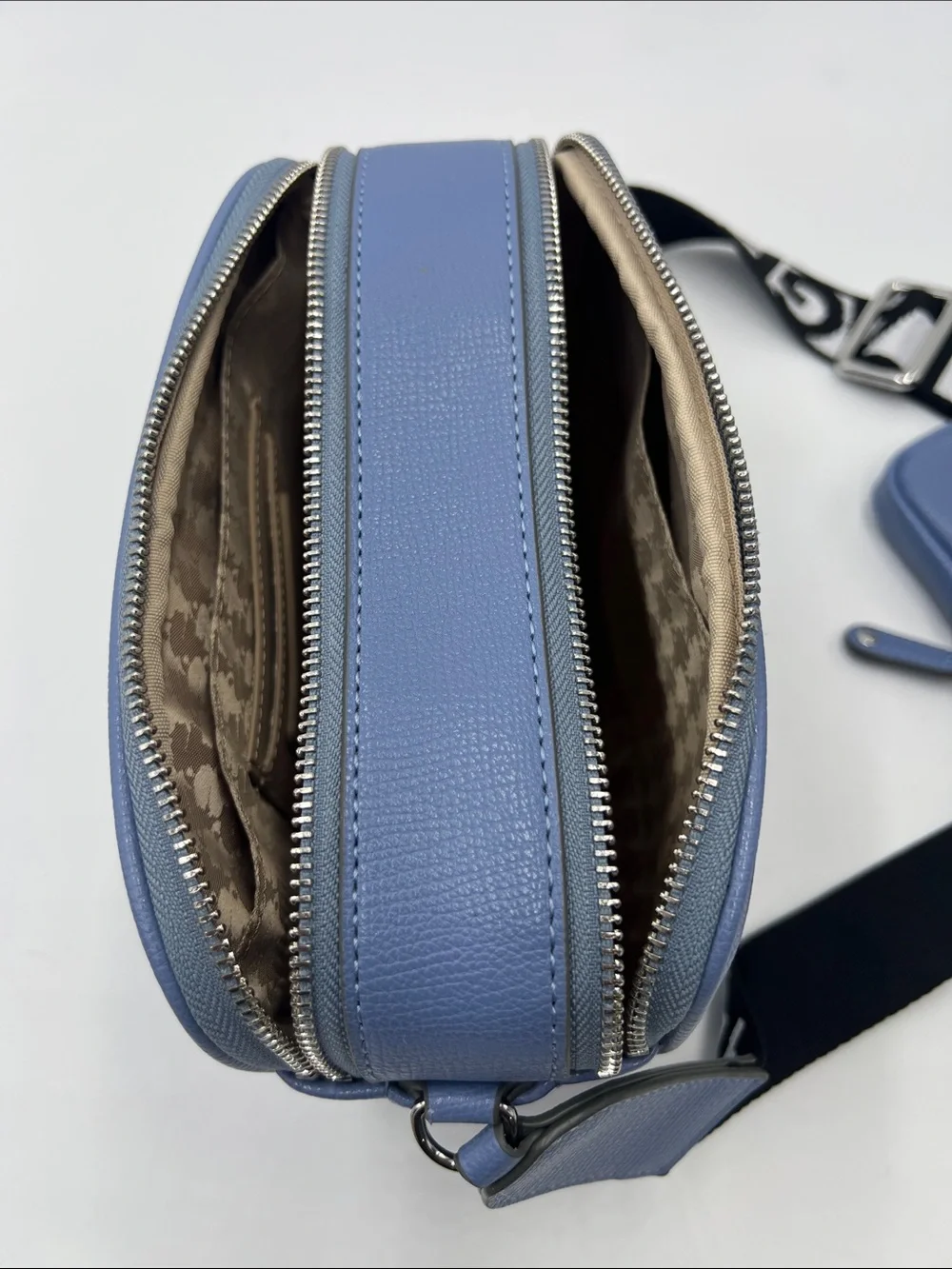 Karl Lagerfeld Perforated Logo Blue Leather Camera Bag with Branded Strap